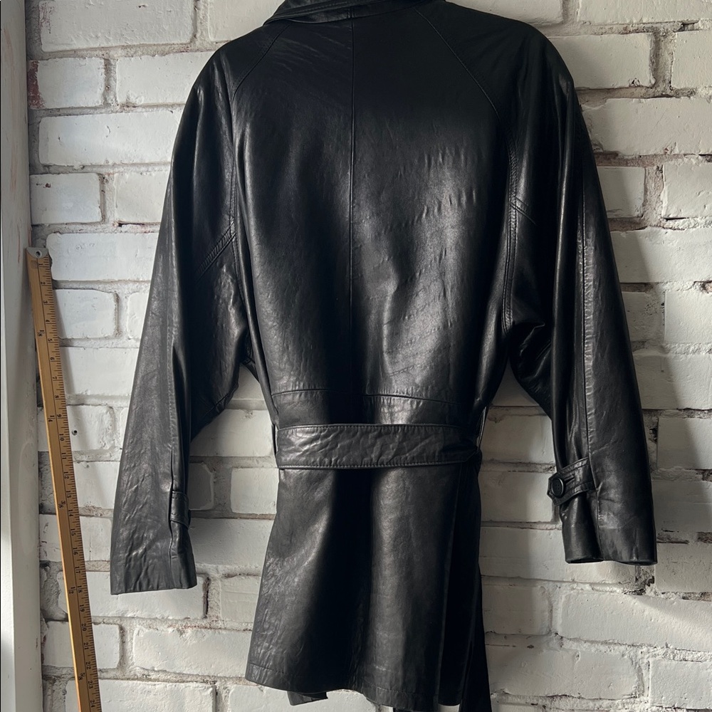 Vintage Black Leather Belted short trench Coat lightweight leather coat - Picture 11 of 16